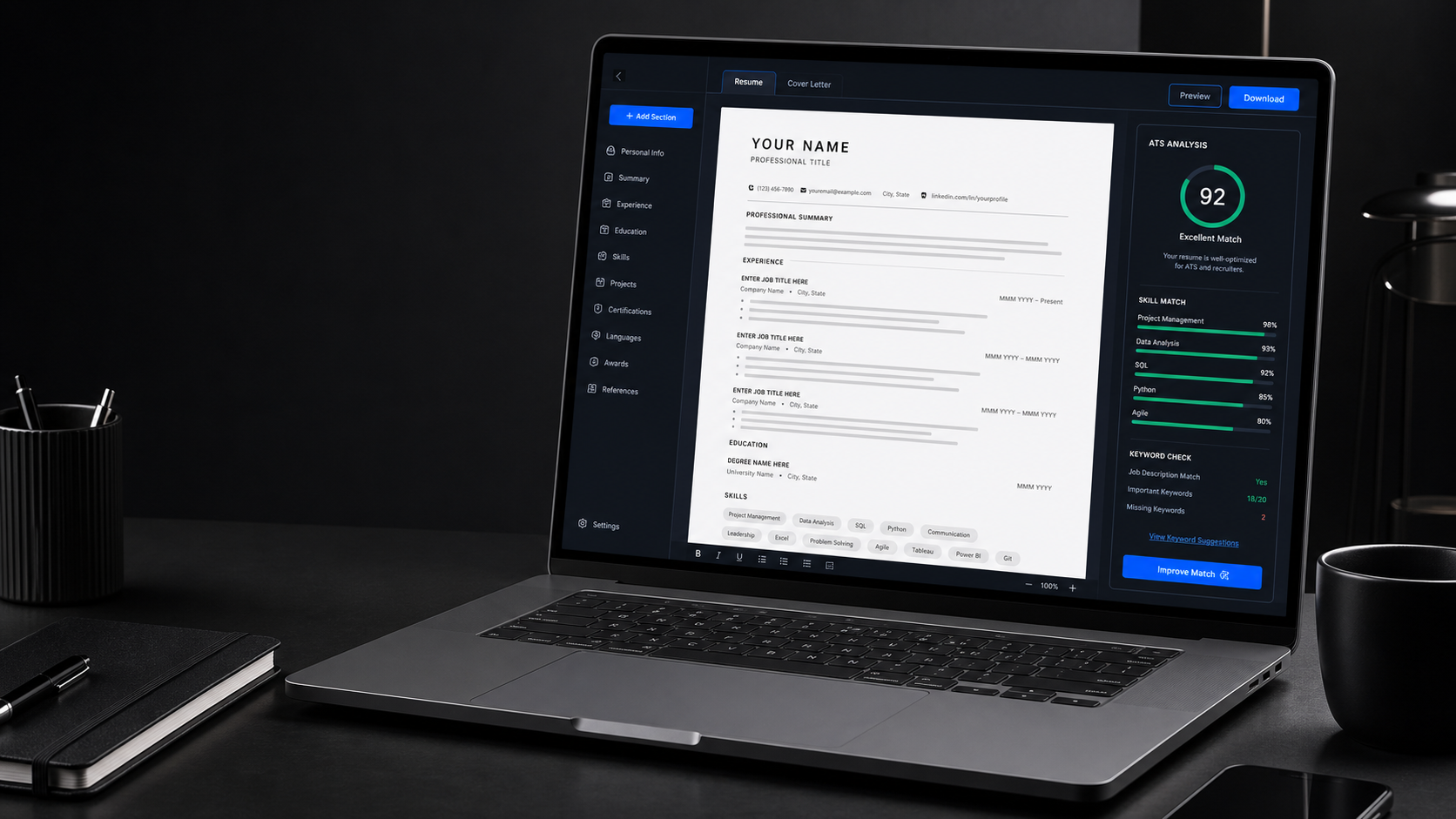 VisiResume resume editor showing a professional resume, ATS score, skill match, and keyword analysis